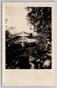 RPPC Mother and Child on Bridge with Cute Wooden Delivery Wagon Toy Postcard I27