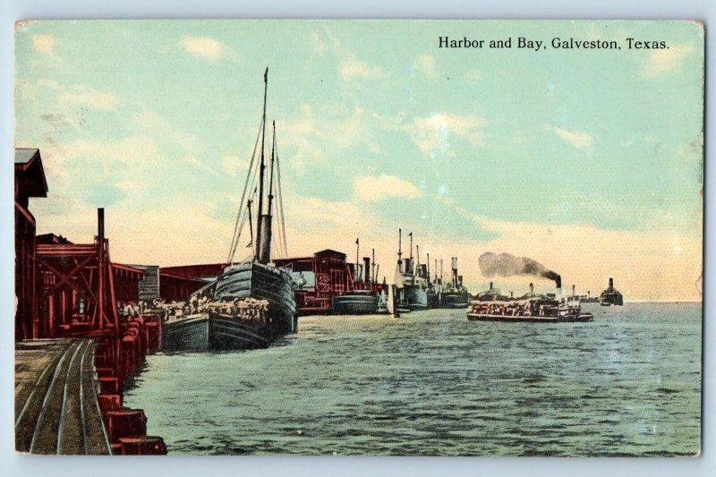 Galveston Texas TX Postcard Harbor And Bay Scenic View  c1910s Antique Steamship