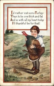 Whitney Thanksgiving Little boy Catches Fat Turkey Vintage Postcard