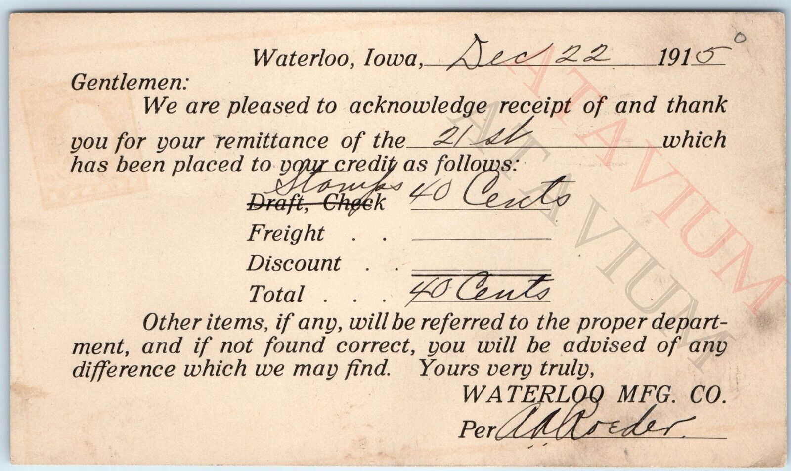 1915 Waterloo, IA Mfg. Manufacturing Co. Invoice Receipt Form Postcard