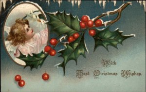 Misch & Co Christmas Little Girl Angel Holly Berries c1910 Vintage Postcard