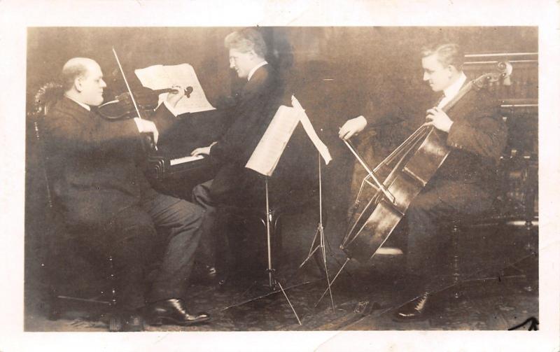 Real Photo Postcard~Concert Pianist~Cello~Violin~Musicians~Sheet Music~1912 RPPC 