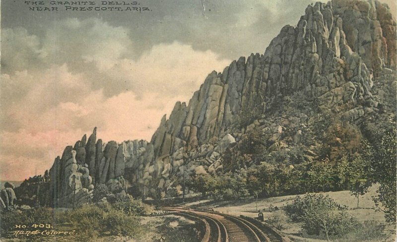 Postcard Arizona Prescott Granite Dells railroad hand colored Harvey 23-1891 