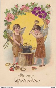 VALENTINE'S DAY; PU-1907; Two cherub blacksmith's banging on anvil, foil cl...