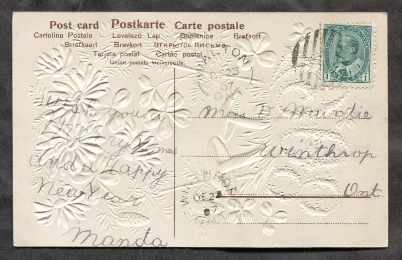 dc21 - NEW YEAR 1908 Embossed. Mushrooms. Canada Postmarks.