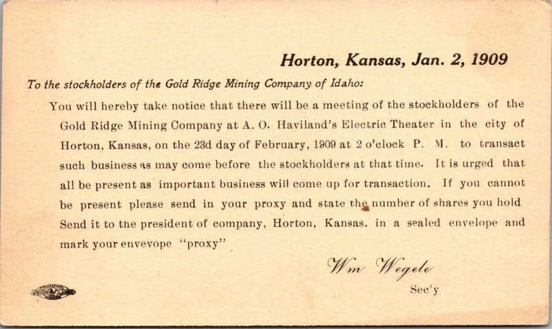 PC 1909 Stockholder Meeting Gold Ridge Mining Company of Leesburg, Idaho
