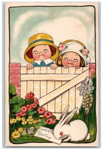 Easter Postcard Greetings Little Kids Rabbit Flowers Toledo Ohio OH Tuck 1913