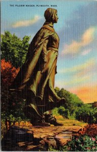 Historic Pilgrim Maiden Memorial Statue Plymouth Massachusetts Linen Postcard 