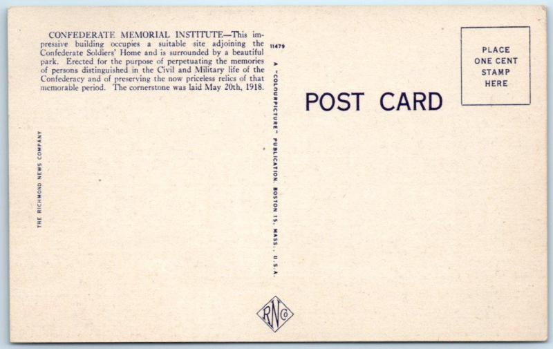 RICHMOND, Virginia  VA   CONFEDERATE MEMORIAL INSTITUTE c1940s Linen Postcard