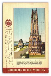 Postcard Landmarks Of New York City NY Riverside Church & Grant's Tomb c1943