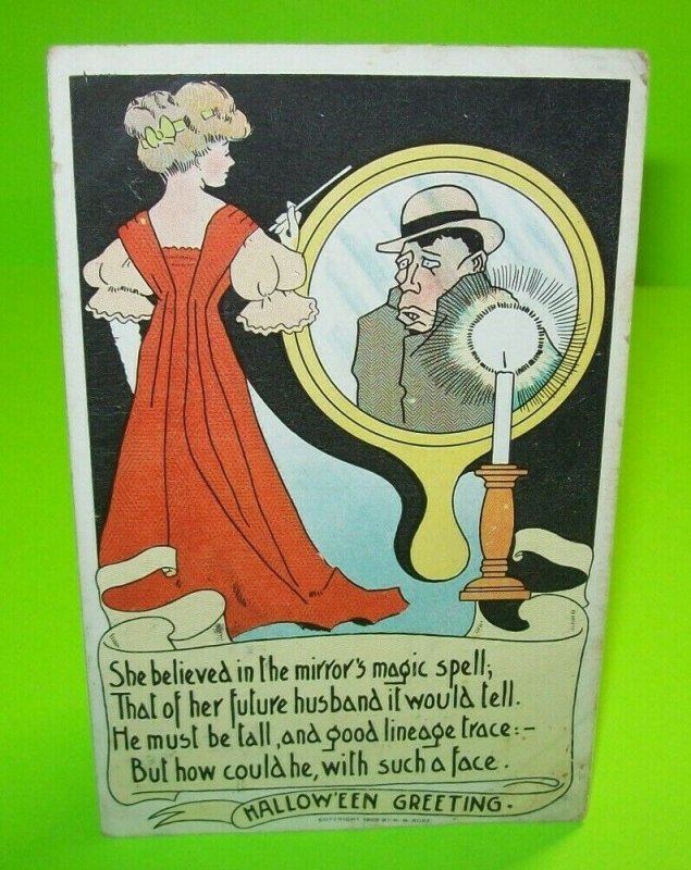 Halloween Postcard H M Rose Women Peeks Into Magic Mirror Antique Original 1909