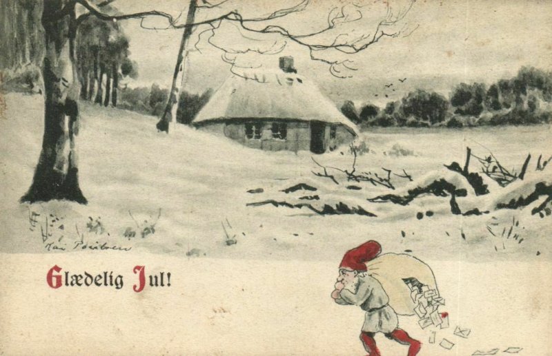 PC CPA DWARFS, GLAEDELIG JUL, SNOWY HOUSE, Vintage Postcard (b22304)