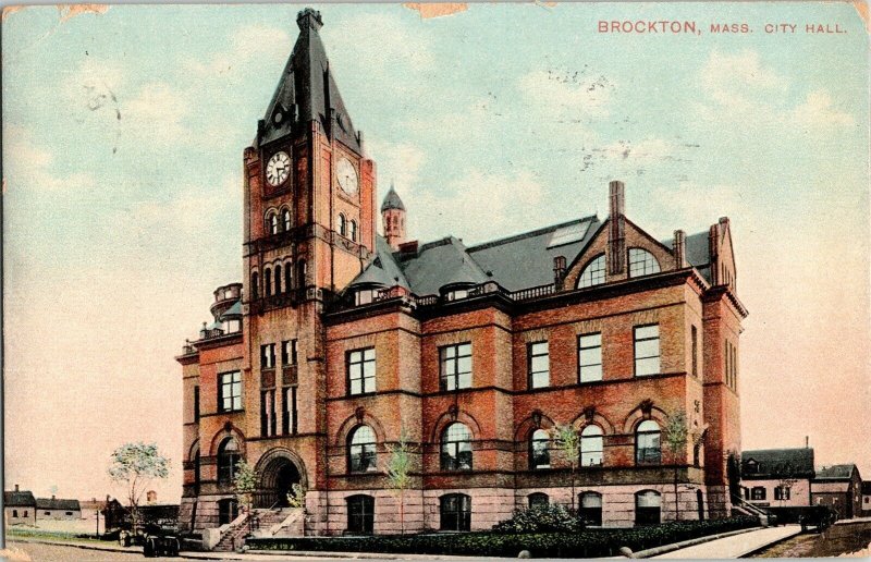 Brockton Mass. City Hall Cancel WOB Note Vintage Postcard 1c Stamp Antique PM 