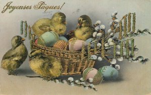 Easter greetings 1914 novelty postcard glitter chicken fantasy Belgium