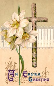 Vintage John Winsch Wood Cross, Easter Lily Flowers,Christian Antique Postcard