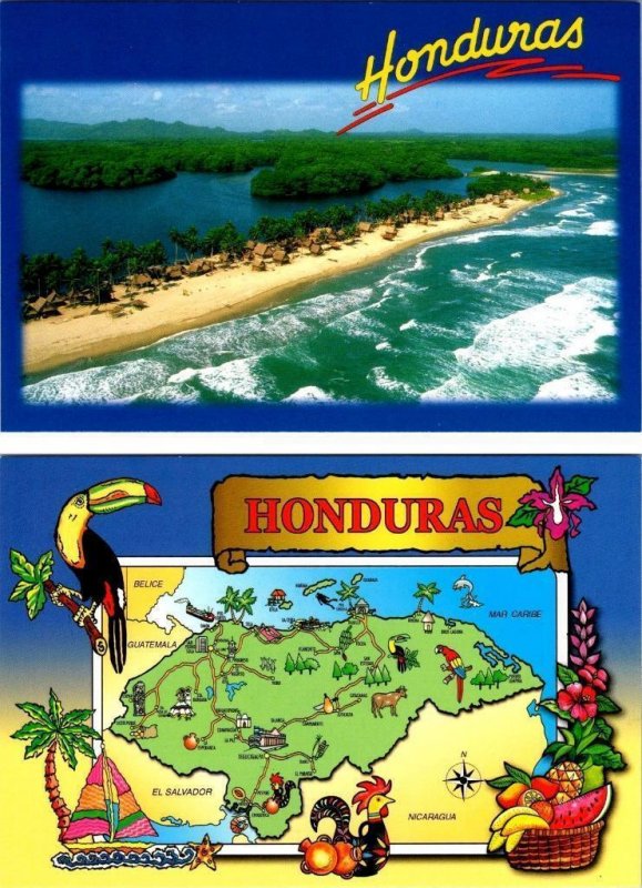 2~4X6 Postcards Tela, Honduras  GARIFUNA VILLAGE OF MIAMI~Aerial View & MAP CARD