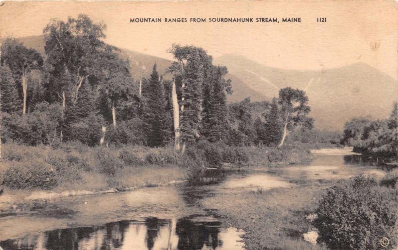 SOURDNAHUNK STREAM MAINE MOUNTAIN RANGES POSTCARD 1956 PSTMK BAYSIDE