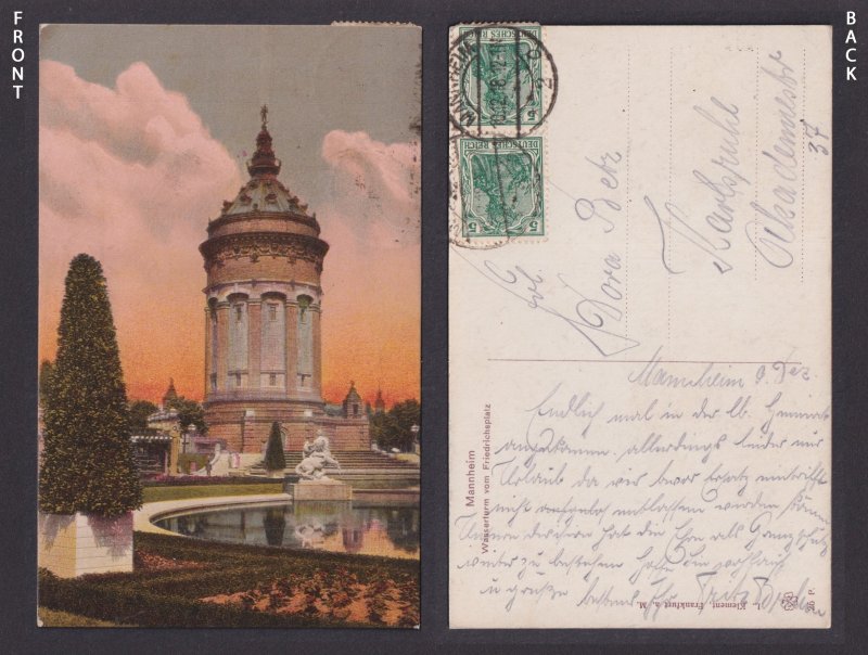 Mannheim Germany postcard 1918 Water Tower Friedrichsplatz