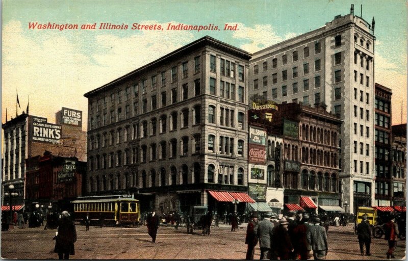 Postcard IN Indianapolis Washington & Illinois Streets Coca-Cola Sign C.1910 M16