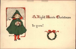 Christmas - Little Girl in Green Coat w/ Gift HLW c1910 Woehler Postcard
