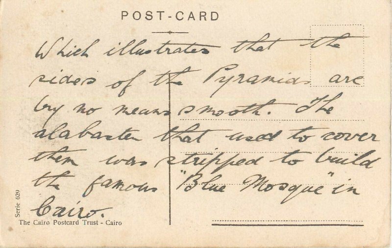 Cairo tourists mounting the Great Pyramids old postcard