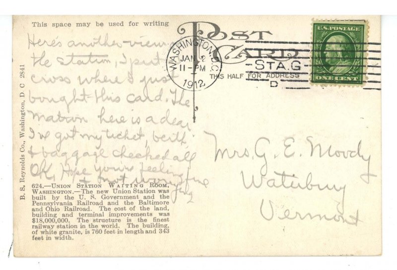 DC - Washington. Union Station Waiting Room ca 1912