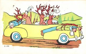 Vintage Postcard 1954 Reindeer Taking Away The Car Comic Animals Driving