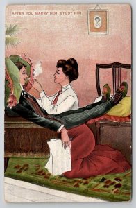 Romance After You Marry Him Study Him Man Smoking Woman Kneeling Postcard S23