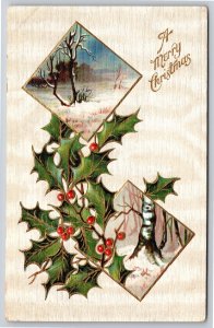 Holiday~Holly 2 Views In Diamonds Christmas Greeting~Vintage Postcard