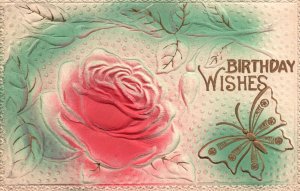 Vintage Postcard 1910 Happy Birthday Wishes Greetings Card Pink Roses Butterfly 