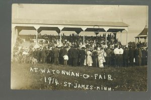 St. James MINNESOTA RPPC 1914 COUNTY FAIR Grandstand MOTORCYCLES nr Madelia