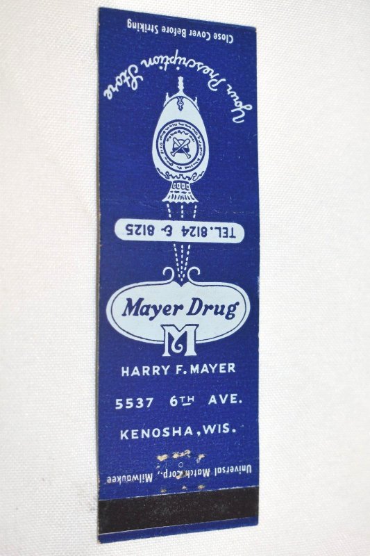 Mayer Drug Kenosha Wisconsin 20 Front Strike Matchbook Cover