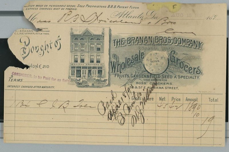 1894 The Branan Bros Company Wholesale Grocers Sole Agent Boss Crackers A33