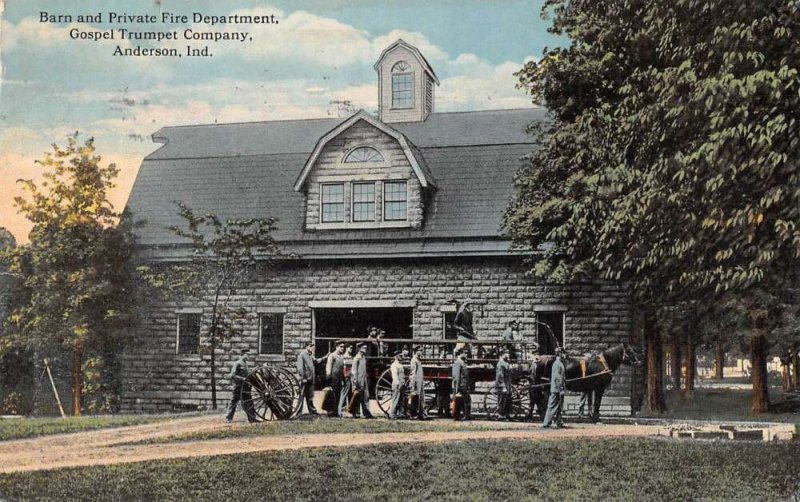 Anderson Indiana Gospel Trumpet Co Barn and Fire Department Postcard AA45495 