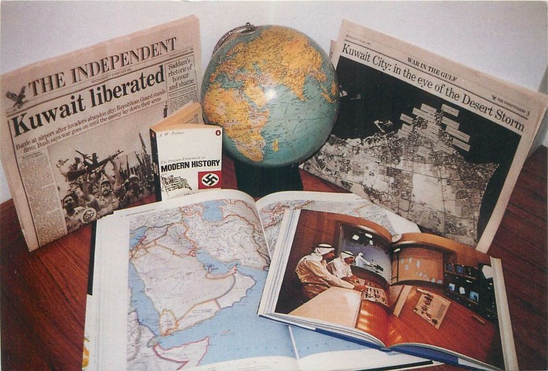 Postcard Military Earth globe book picutres modern history Earth globe kuwait