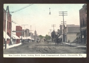 CLINTONVILLE WISCONSIN DOWNTOWN LONDON STREET SCENE VINTAGE POSTCARD WIS.