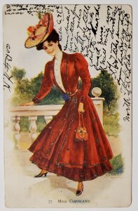 Miss Cleveland Pretty Lasy In Red Dress Glitter Decorated Postcard T29