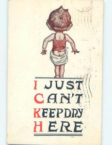 Pre-Linen comic CAN'T KEEP DRY - CHILD HAS DIAPER FALLING DOWN HL3005