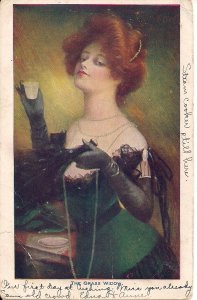 Beautiful Red Headed Woman w Drink, 1907, Fan, Art Nouveau Jewelry