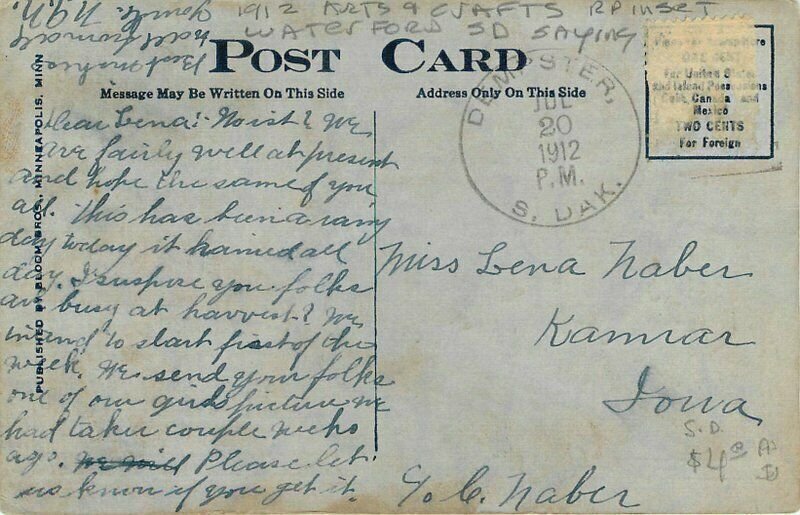 Arts Crafts 1912 RP Inset Waterford South Dakota Saying Postcard 20-5314