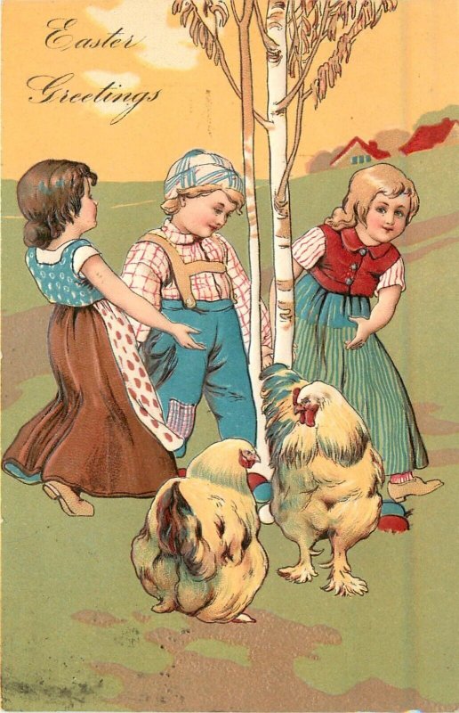 Embossed PFB Easter Postcard Ser.5753; Kids and Chickens in Field