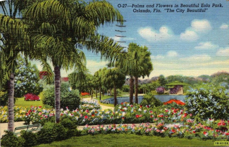 Florida Orlando Palms and Flowers In Lake Eola Park 1944 Curteich