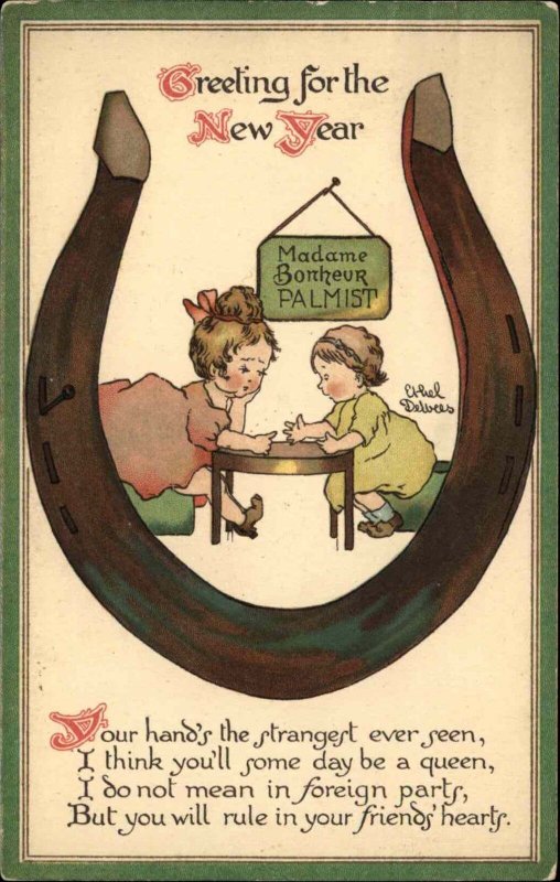 Ethel DeWees Nister New Year Little Girl Fortune Teller Reading Palm c1910 PC