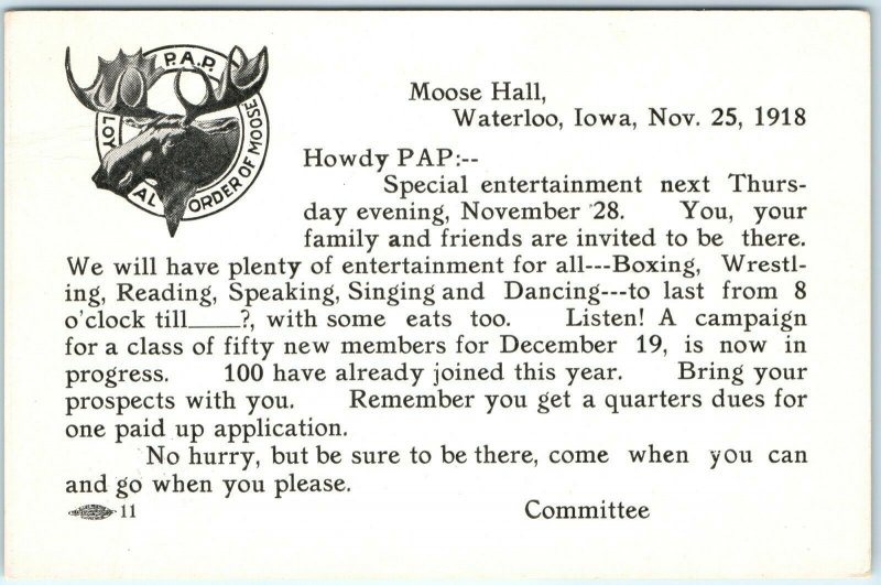 1918 Waterloo, IA Loyal Order of Moose Hall Invite Postcard Advertising PAP A46