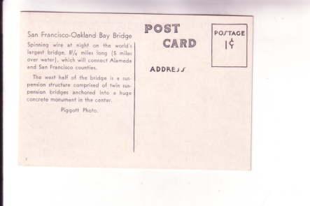 Small Sized Postcard, Bridge at Night, Oakland Bay, San Francisco California,