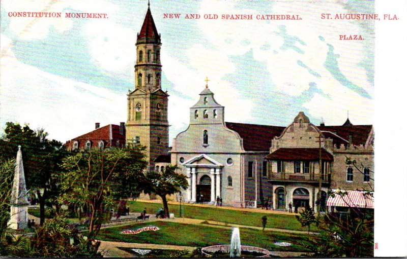 Florida St Augustine The Plaza With New and Old Spanish Cathedral & Constitut...