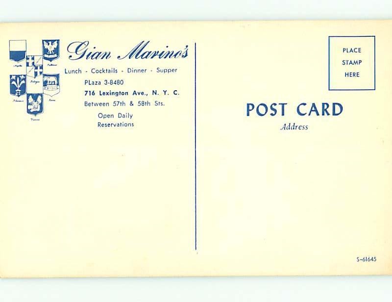 Unused 1950's GIAN MAVINO'S RESTAURANT Manhattan - New York City NY v8344