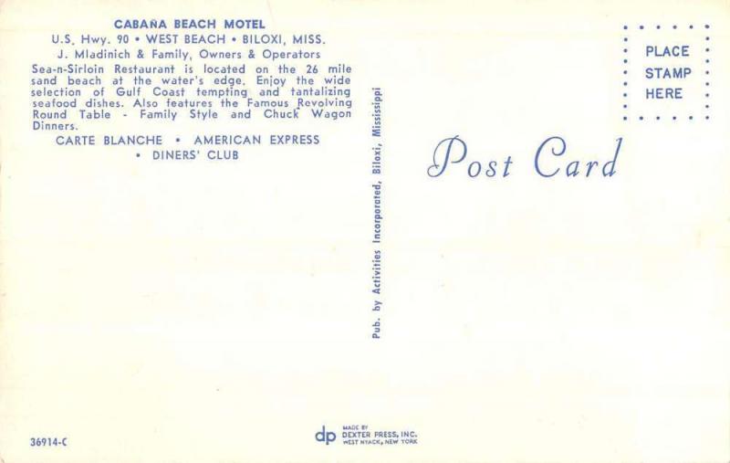 Biloxi Mississippi Cabana Beach Motel Street View Vintage Postcard K102576