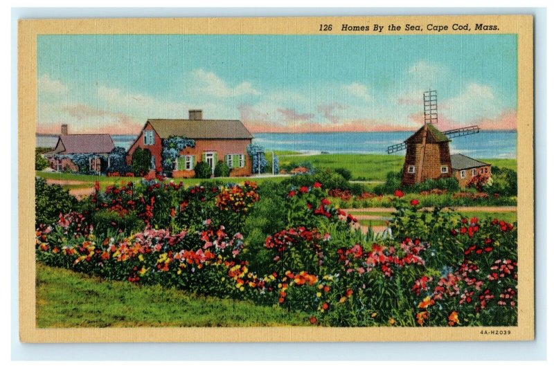 Homes by the Sea Cape Cod Massachusetts Flower Garden Windmill Vintage Postcard 