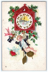 1915 New Year January 1 Top Hat Boy Ringing Clock Bird Holly Flowers Postcard 